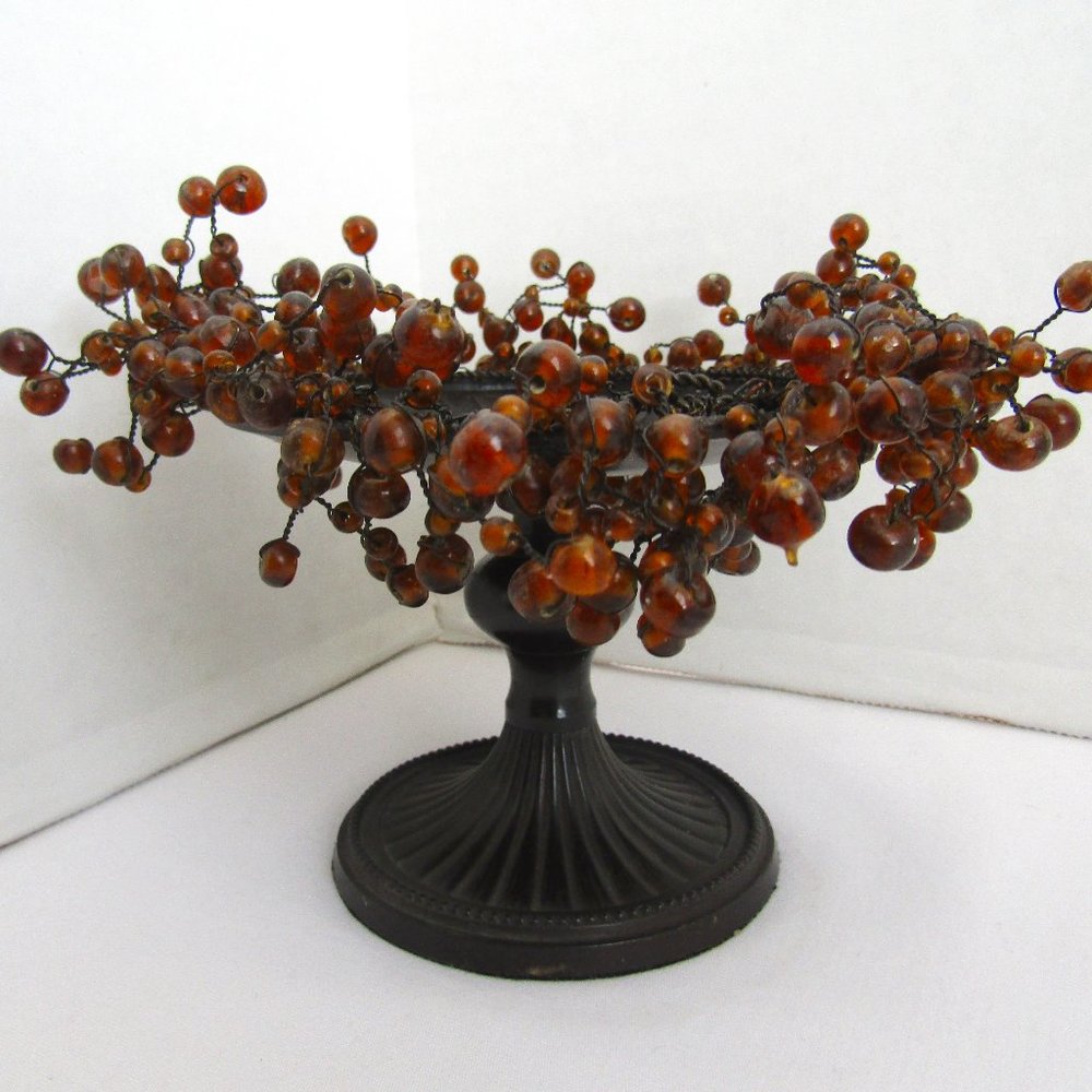 Uniquely Ornate Candle Holder, Metal w/ Glass Bead Accent - Vintage Decor